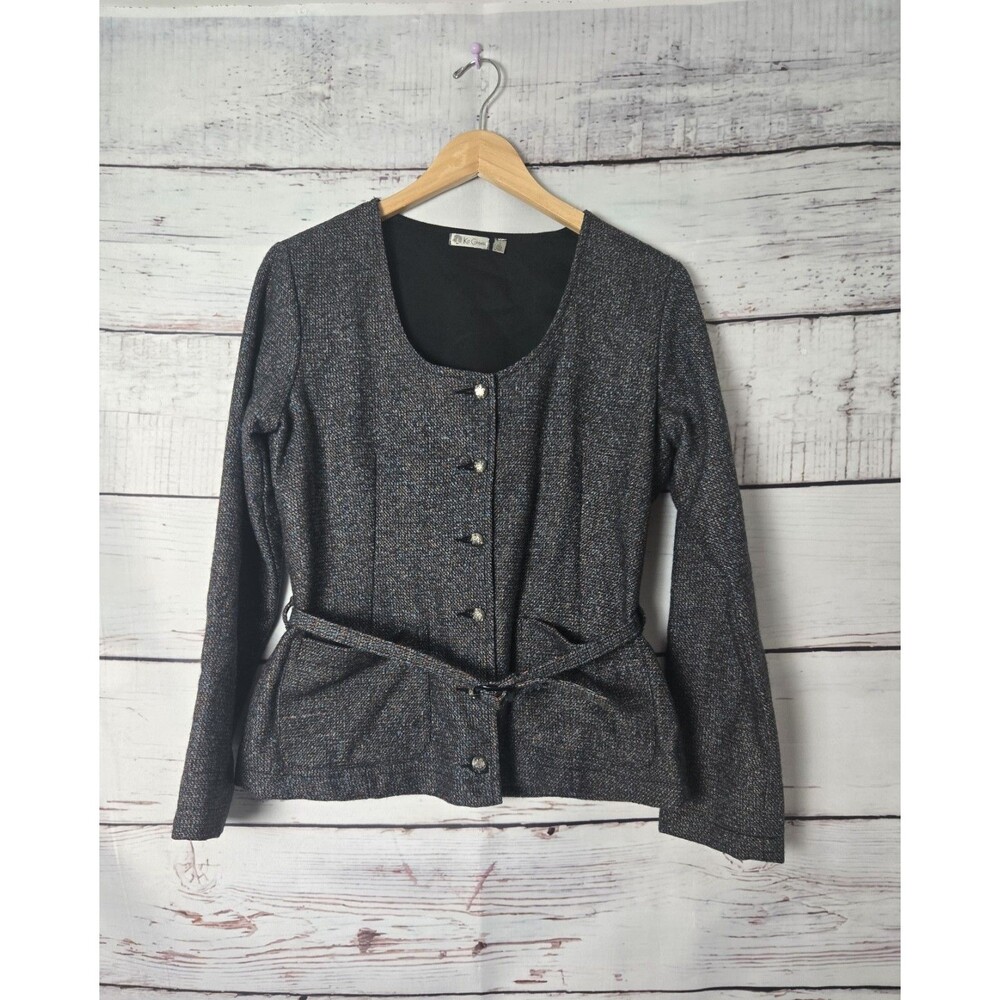 Kit Cornell Womens Jacket Size 6 Black Blue Tweed Belted Blazer Button Up